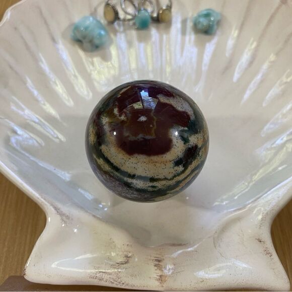 Speckled multicolor ocean jasper polished sphere 🌊 with stand - Picture 3 of 6